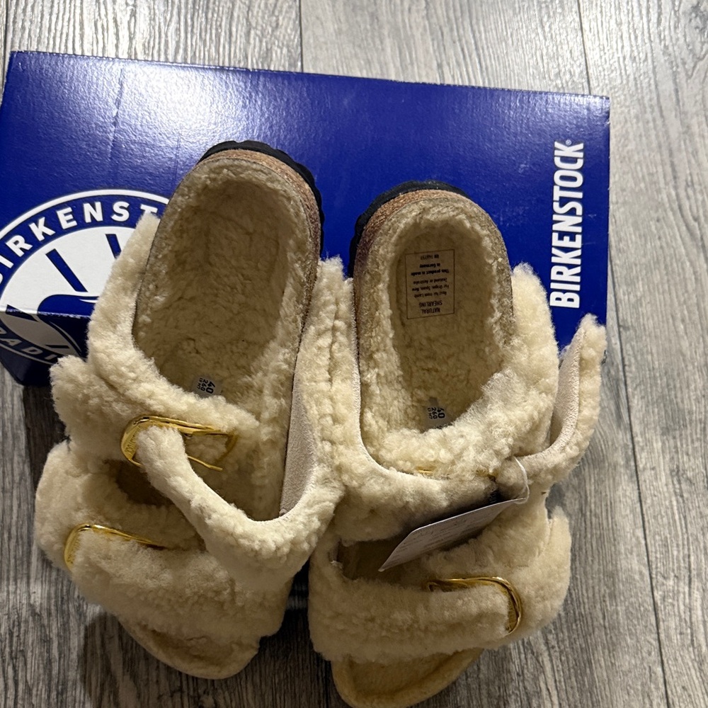 Birkenstock Cream Shearling Double Buckle Slide Sandals